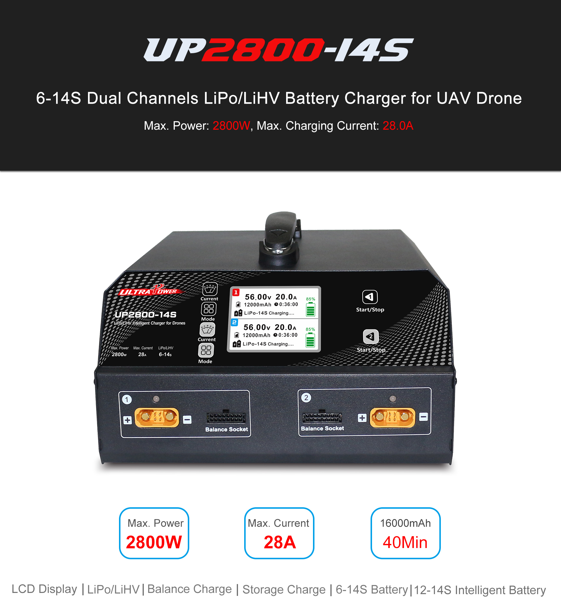 UP2800-14S 2X1400W 28A 6-14S LiPo/LiHV Battery UAV Drone Charger